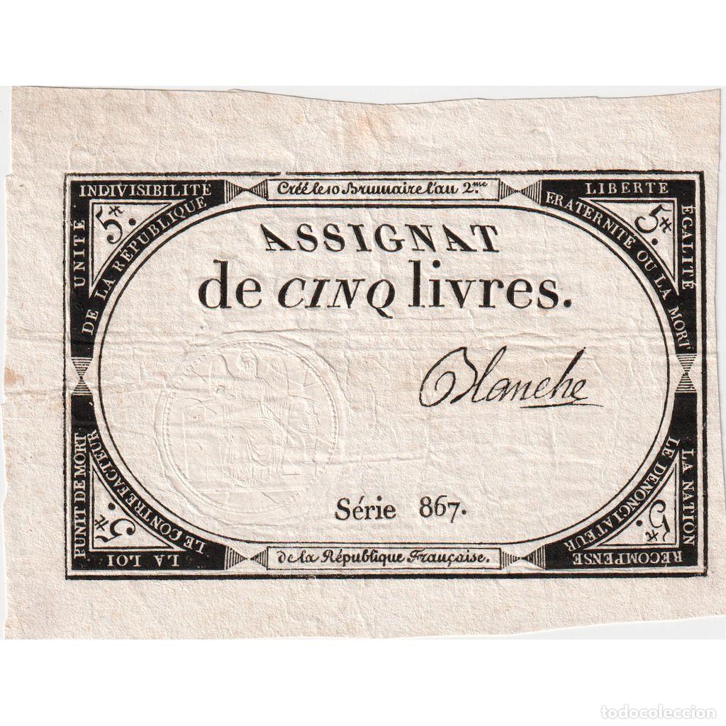 Billetes extranjeros: [#376649] Francia, 5 Livres, 10 brumaire de l'an 2 - (31 octobre 1793), 867, MBC+