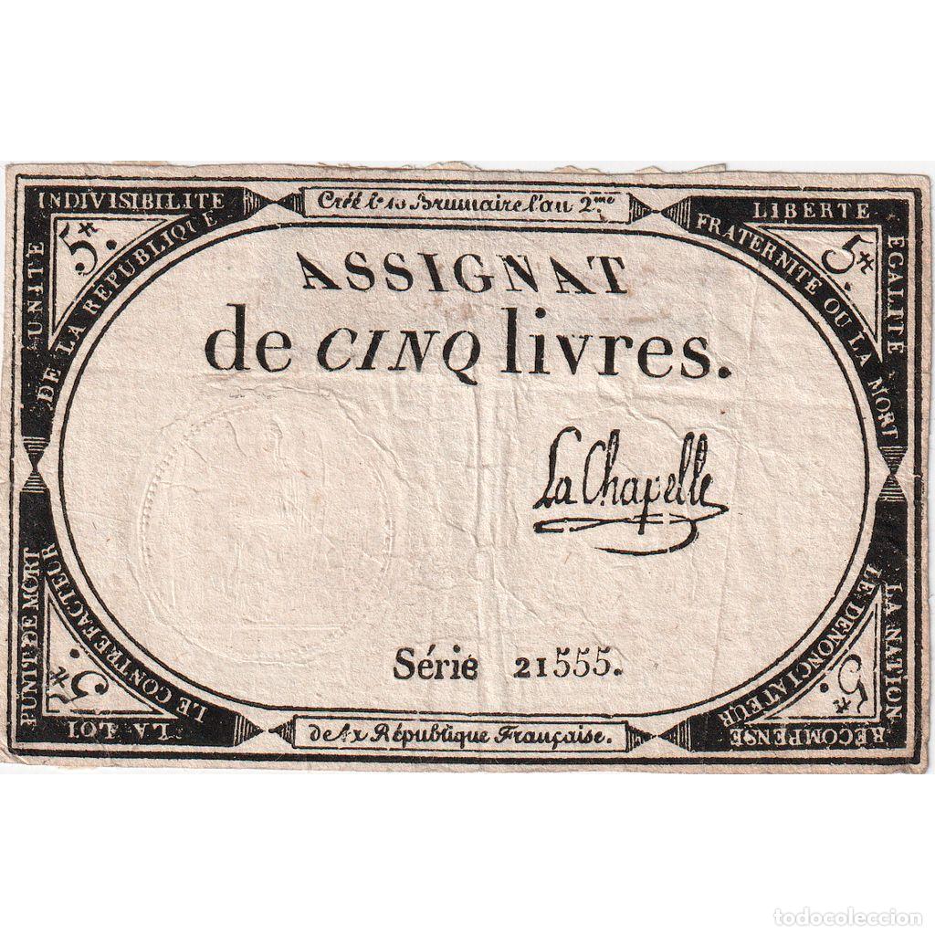 Billetes extranjeros: [#376664] Francia, 5 Livres, 10 brumaire de l'an 2 - (31 octobre 1793), 21555, MBC+