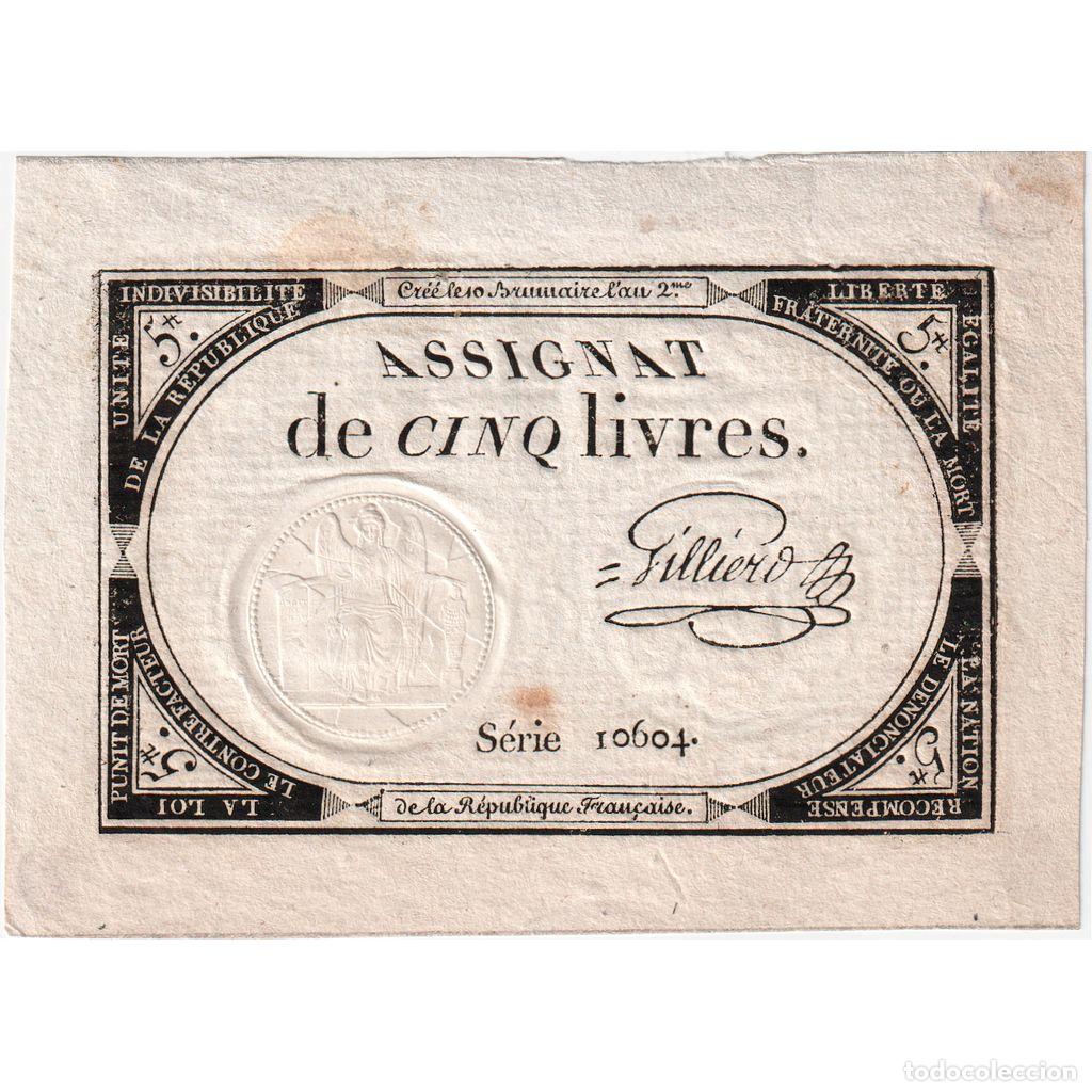 Billetes extranjeros: [#376682] Francia, 5 Livres, 10 brumaire de l'an 2 - (31 octobre 1793), 10604, EBC