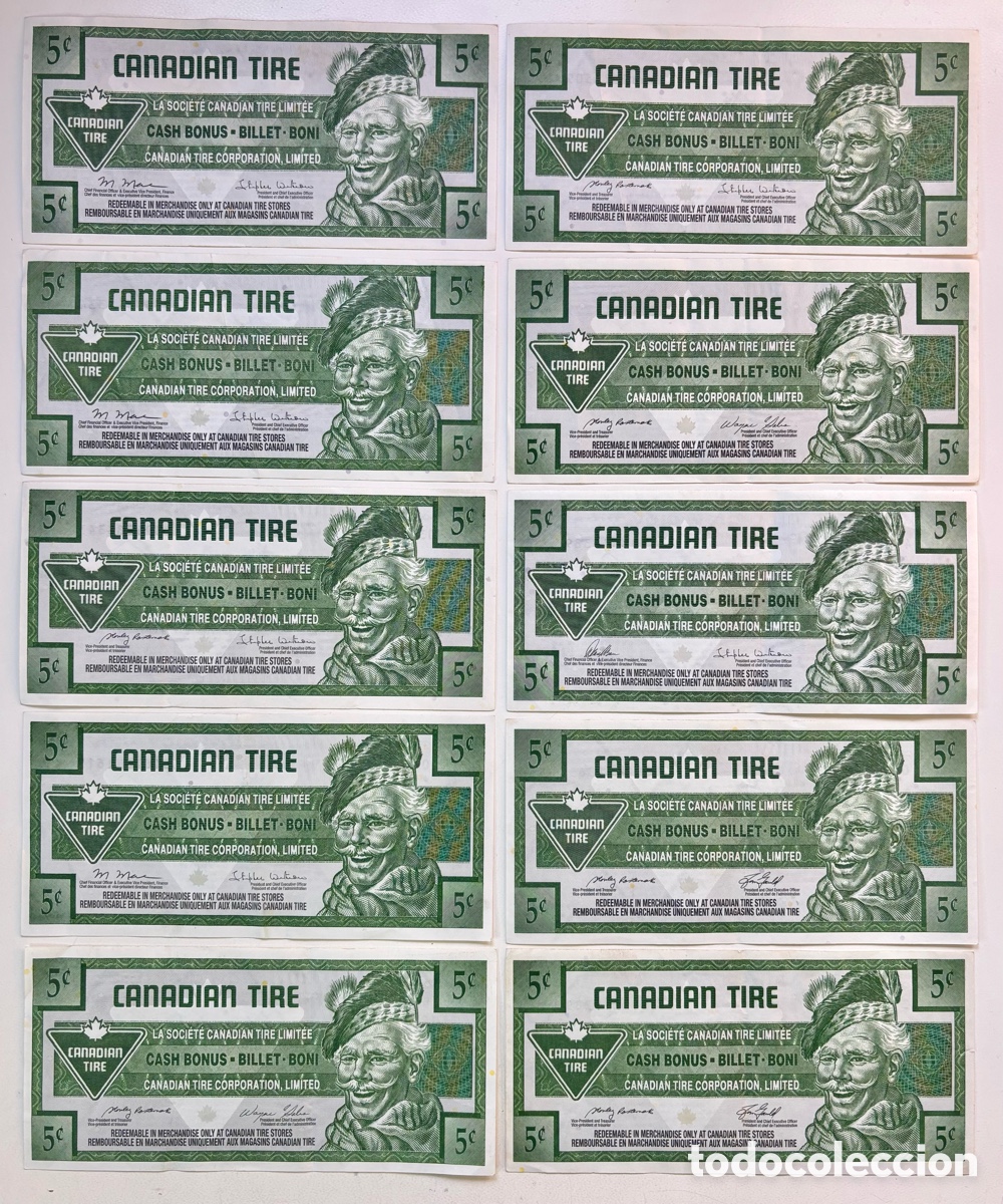 International Banknotes: Lote x 10 Billetes CANADA 5 Cash Bonus Gasolinera Neumaticos. Varias Fechas 2004-2013