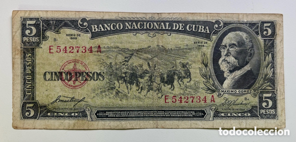 Billetes extranjeros: Billete CUBA 5 Pesos 1958 Maximo G&oacute;mez - Foto 1