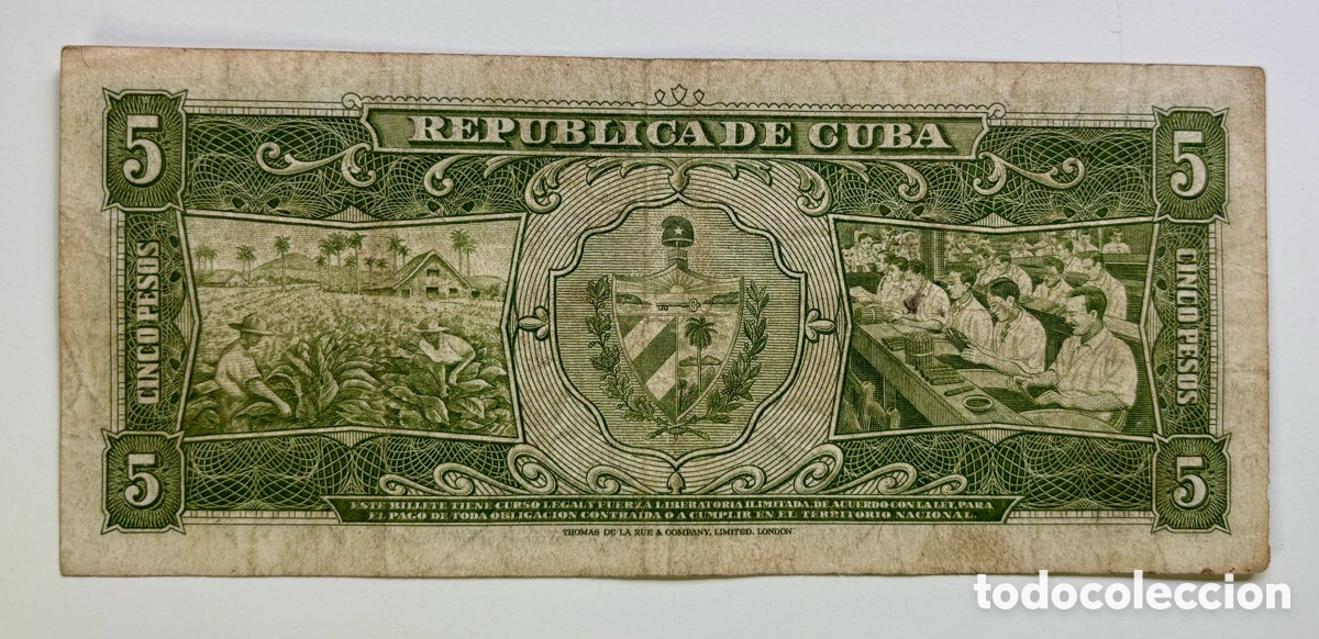 Billetes extranjeros: Billete CUBA 5 Pesos 1958 Maximo G&oacute;mez - Foto 2