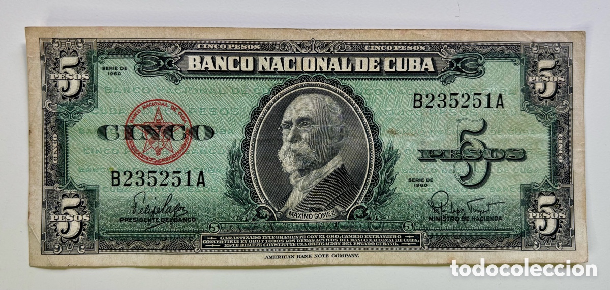 Billetes extranjeros: Billete CUBA 5 Pesos 1960. Maximo G&oacute;mez - Foto 1