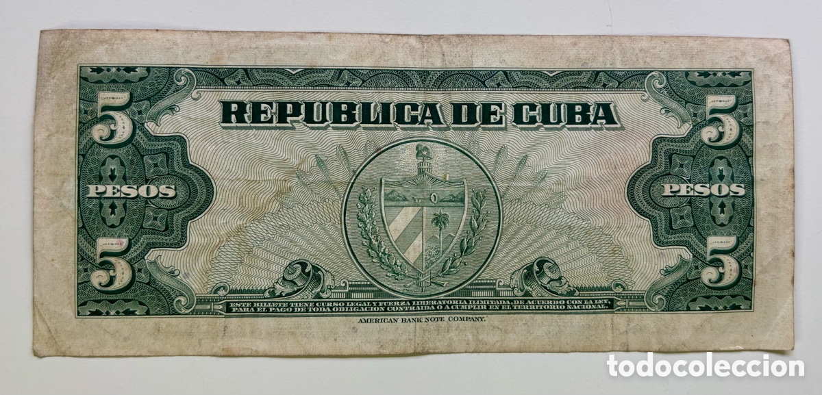 Billetes extranjeros: Billete CUBA 5 Pesos 1960. Maximo G&oacute;mez - Foto 2