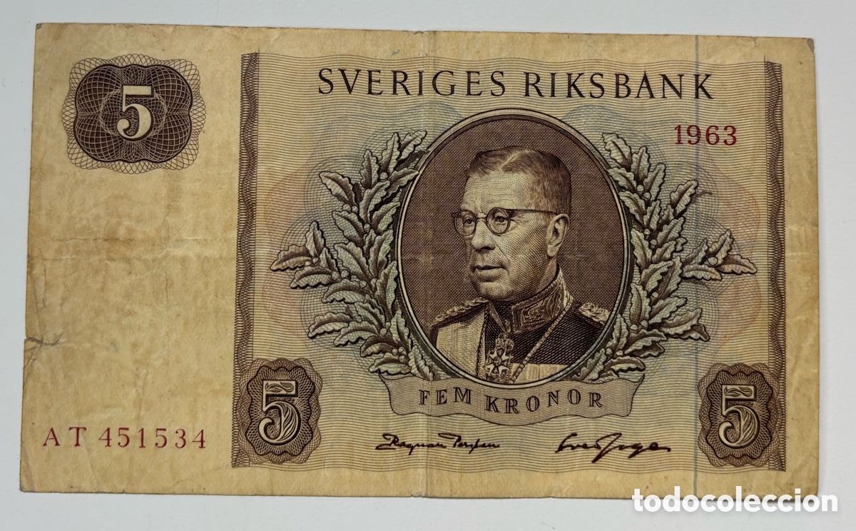 Billets internationaux: Billete SUECIA 5 Coronas 1963. Kronor