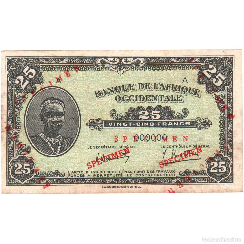 International Banknotes: [#376827] &Aacute;frica oriental francesa, 25 Francs, 1942-12-14, Specimen, EBC+