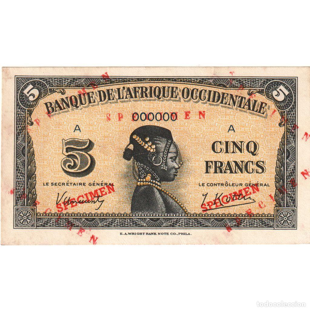 International Banknotes: [#376826] &Aacute;frica oriental francesa, 5 Francs, 1942-12-14, Specimen, SC