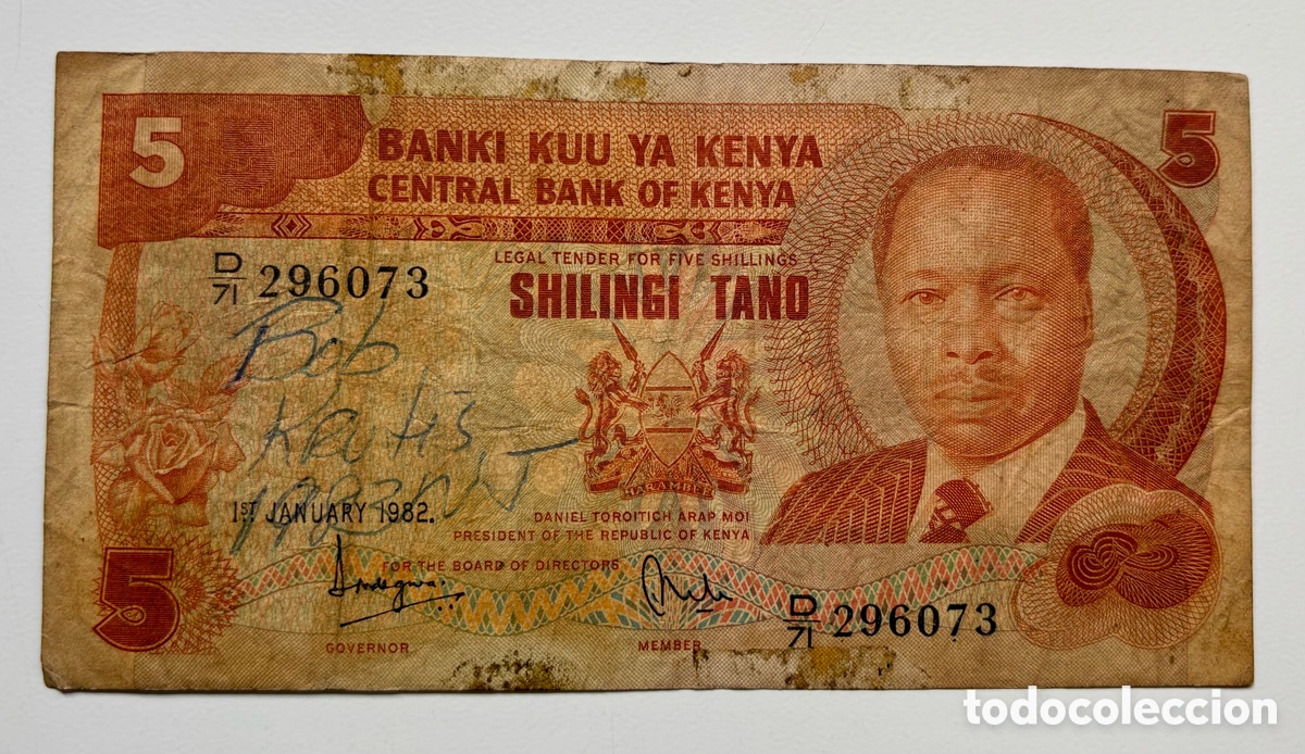 Billets internationaux: Billete KENIA 5 Chelines 1982. Tinta . Shilingi tano. Kenya