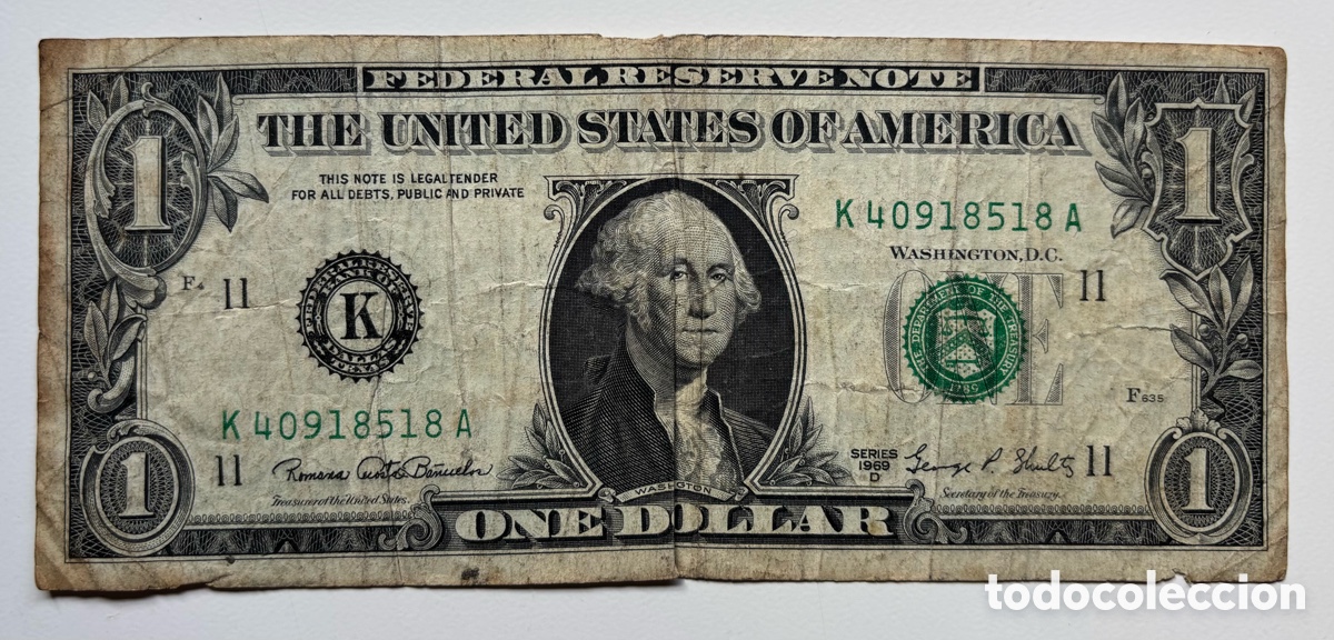 Notas Internacionais: Billete USA 1 D&oacute;lar 1969-D. K Dallas Texas. Estados Unidos EEUU