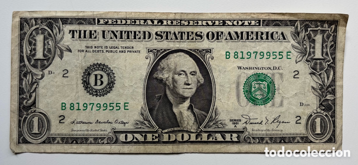 Notas Internacionais: Billete USA 1 D&oacute;lar 1981-A. B Nueva York. Estados Unidos EEUU