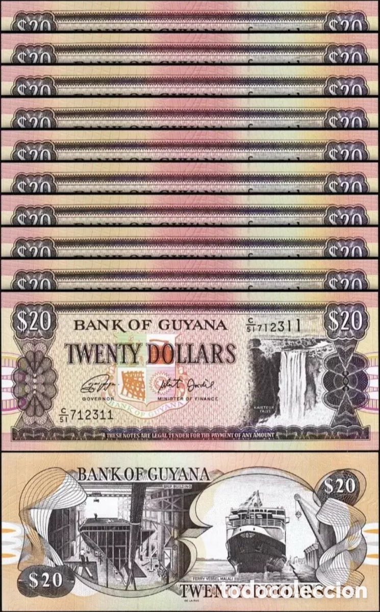 Billetes extranjeros: Lote x 10 Billetes GUYANA 20 Dolares (1996-2018) SC