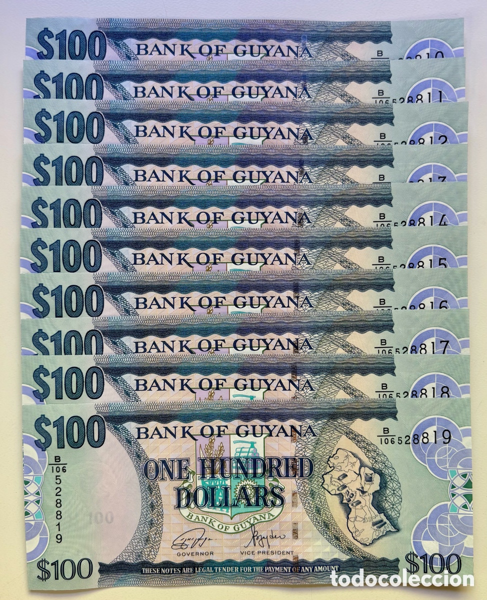Banconote internazionali: Lote x 10 Billetes GUYANA 100 Dolares (2022) SC Pick 36e