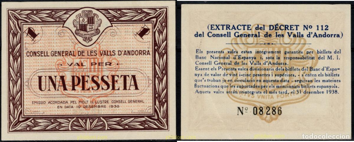 Billetes extranjeros: 9335 ANDORRA. Adm&oacute;n espa&ntilde;ola 1936 1 PESETA CONSELL GENERAL DE LES VALLS ANDORRA 1936