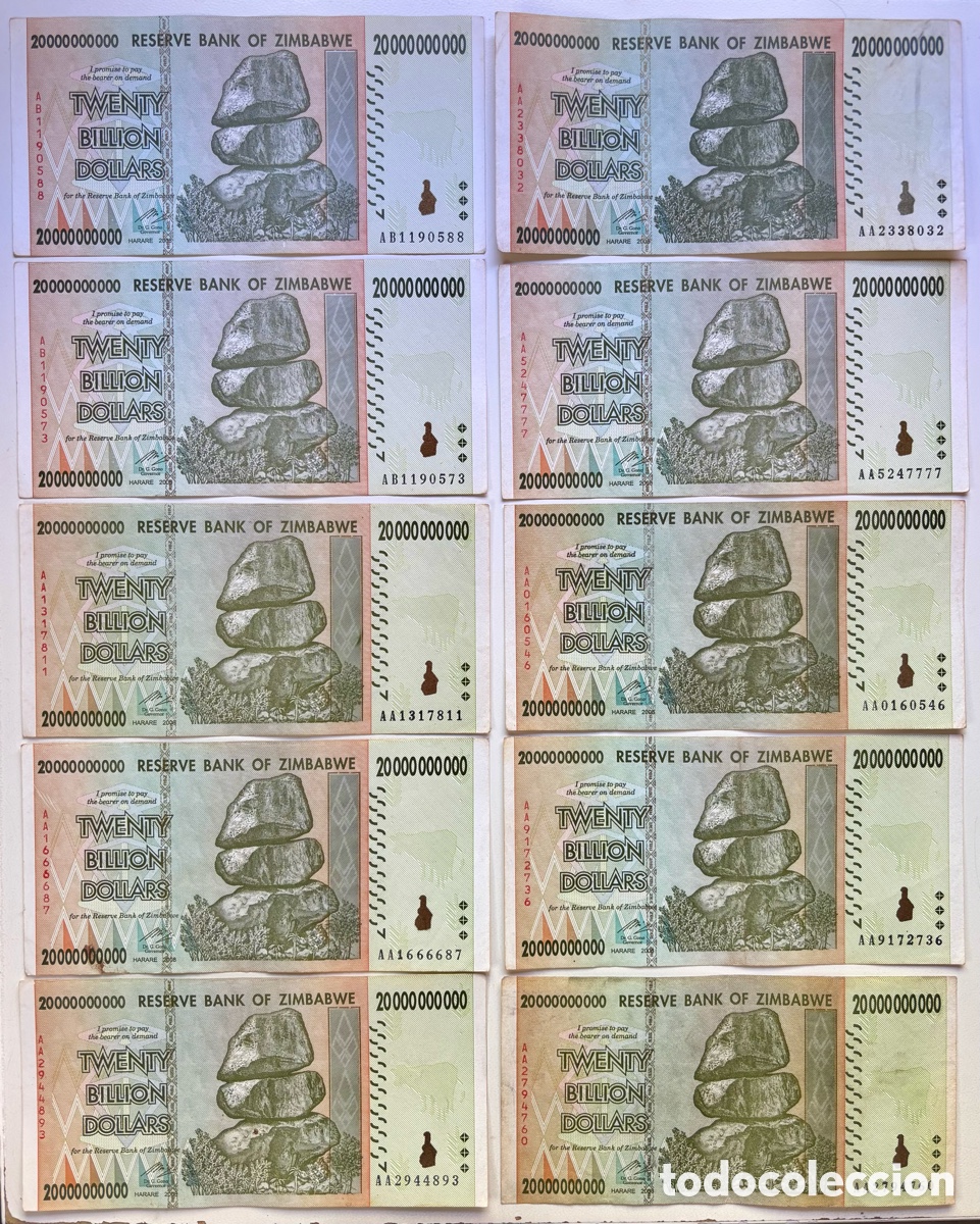 Banconote internazionali: Lote x 10 Billetes ZIMBABWE 20 Billones D&oacute;lares 2008. 20000000000