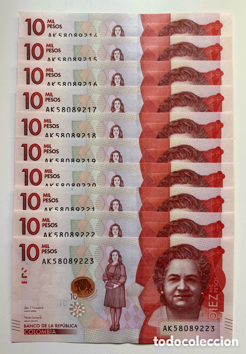 Internationale Banknoten: Lote x 10 Billetes COLOMBIA 10000 Pesos 2020 SC Pick 460
