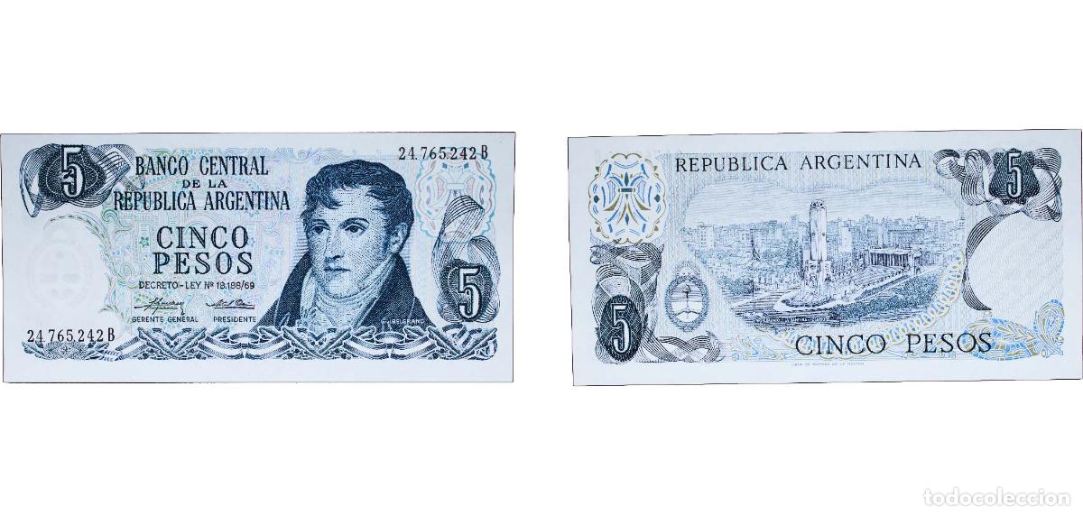 Billets internationaux: Argentina Federal Republic 1975 5 Pesos (with &rdquo;DECRETO-LEY&rdquo; on Obverse) Paper UNC P 294 Bottero 232