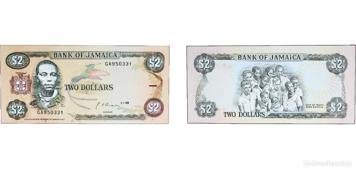 Billetes extranjeros: Jamaica 1990 2 Dollars (L.1960; all white numerals) Paper UNC P 60