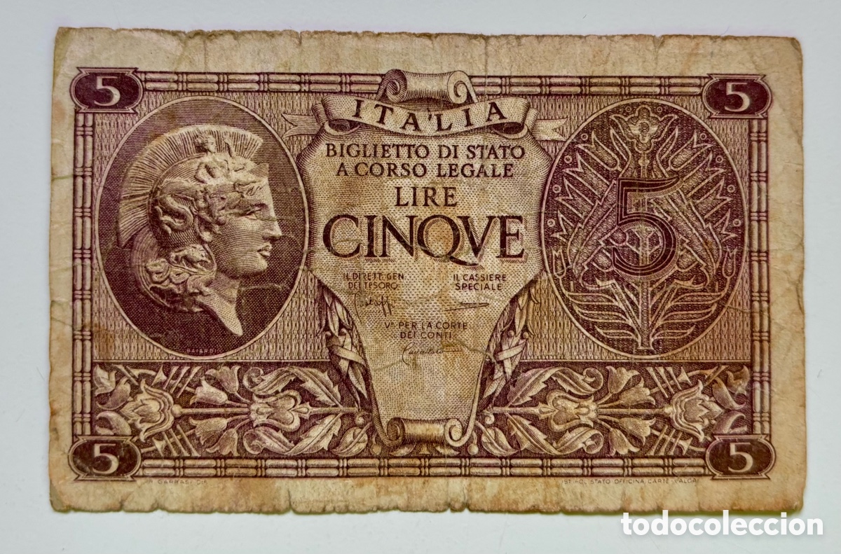 Billetes extranjeros: Billete ITALIA 5 Lira 1944