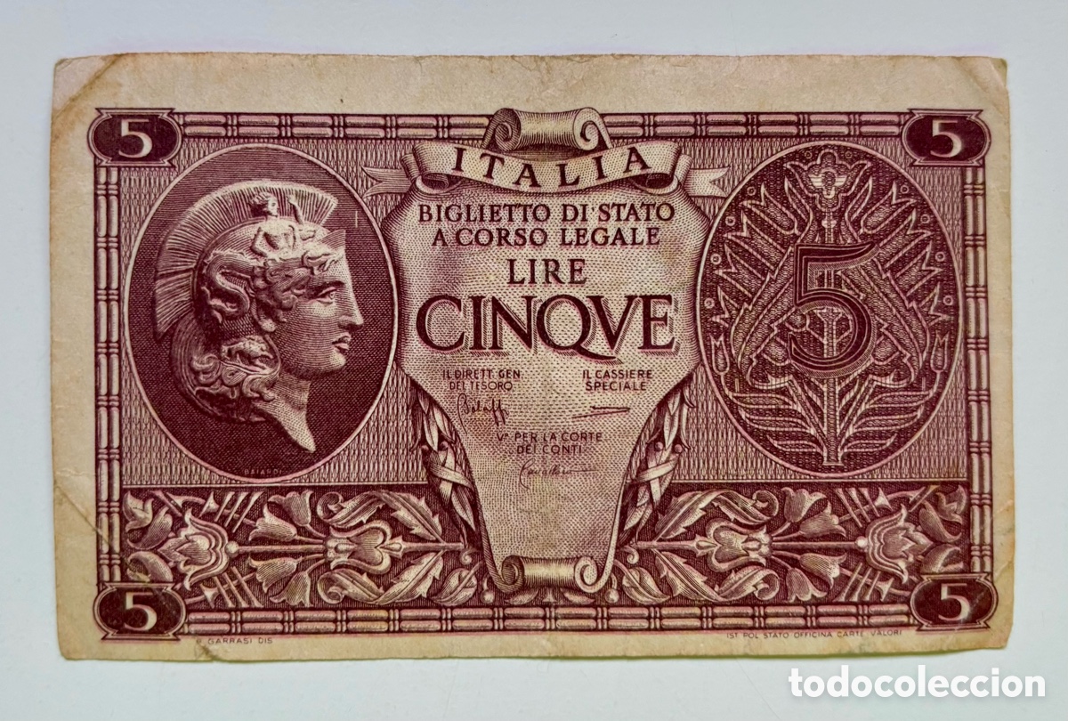 Billets internationaux: Billete ITALIA 5 Lira 1944 MBC