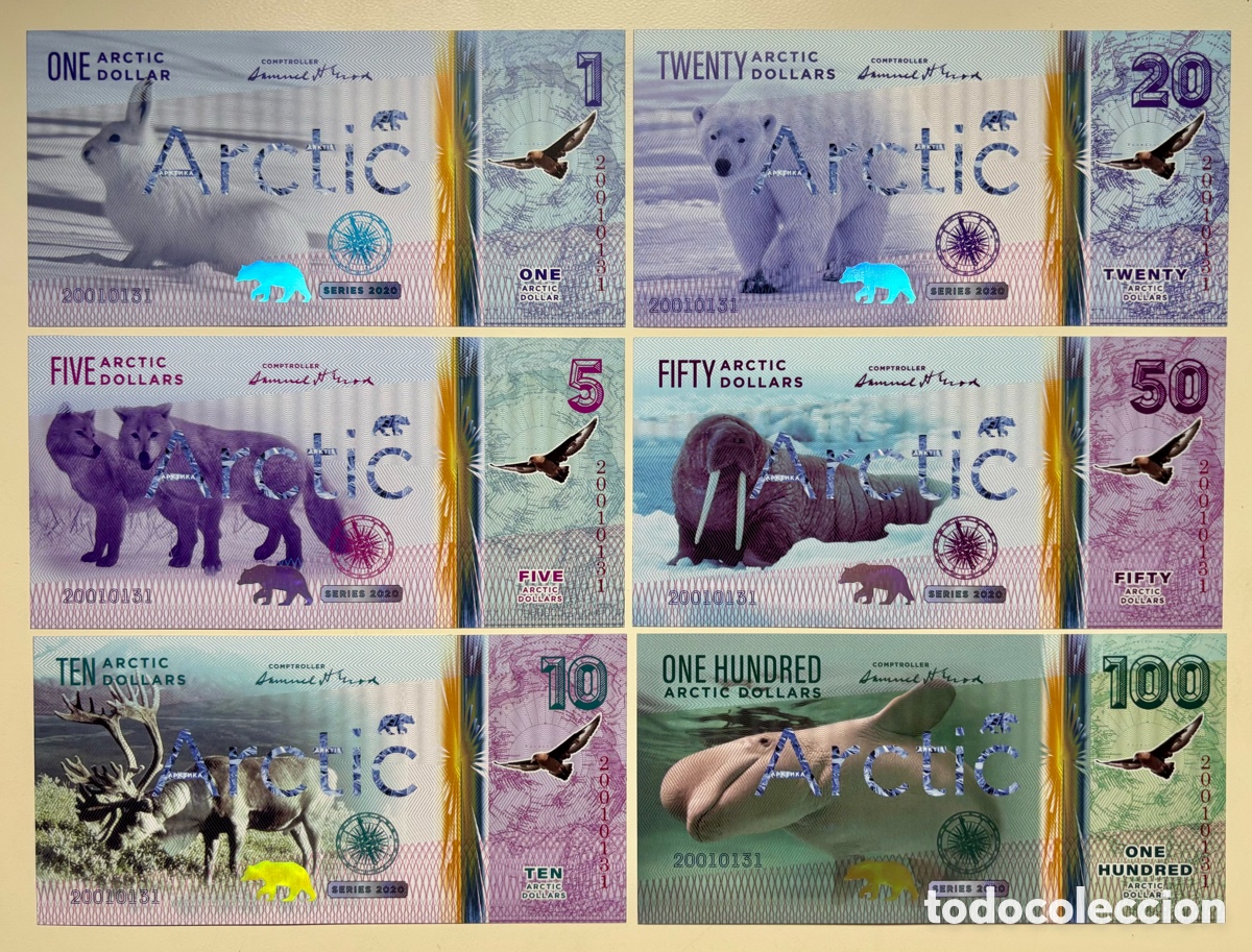 Internationale Banknoten: Lote / Set x 6 Billetes ARTIC 1-5-10-20-50-100 Dolares 2020 SC. Dollar Fantas&iacute;a