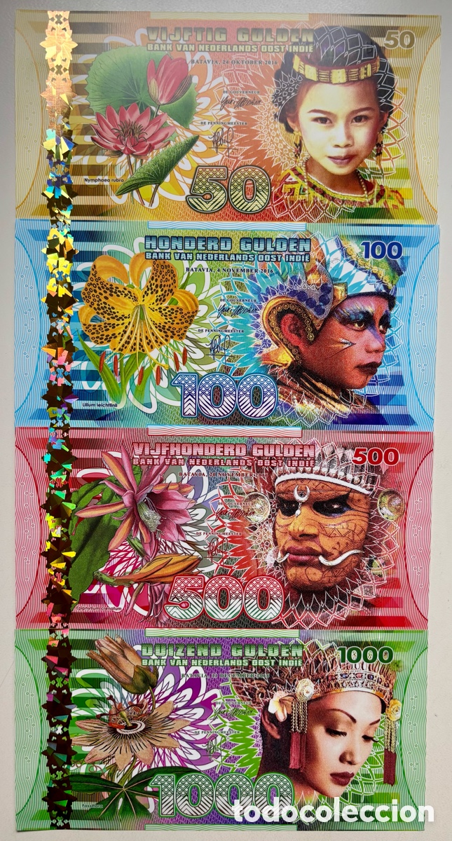 Banconote internazionali: Lote / Set x 4 Billetes INDIAS HOLANDESAS (Indonesia) 50-100-500-1000 Gulden 2016 SC Fantasia
