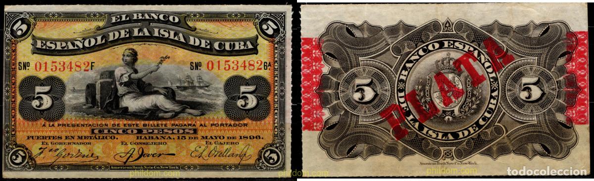 Billetes extranjeros: 9383 CUBA 1896 5 pesos Banco espa&ntilde;ol Isla de Cuba 1896-Con sobre carga PLATA