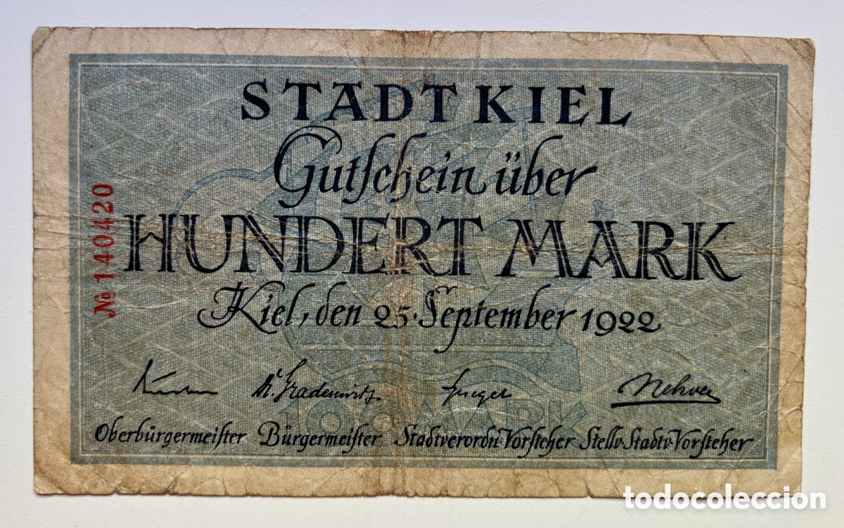 Billetes extranjeros: Billete ALEMANIA 100 Marcos 1922. Kiel Mark