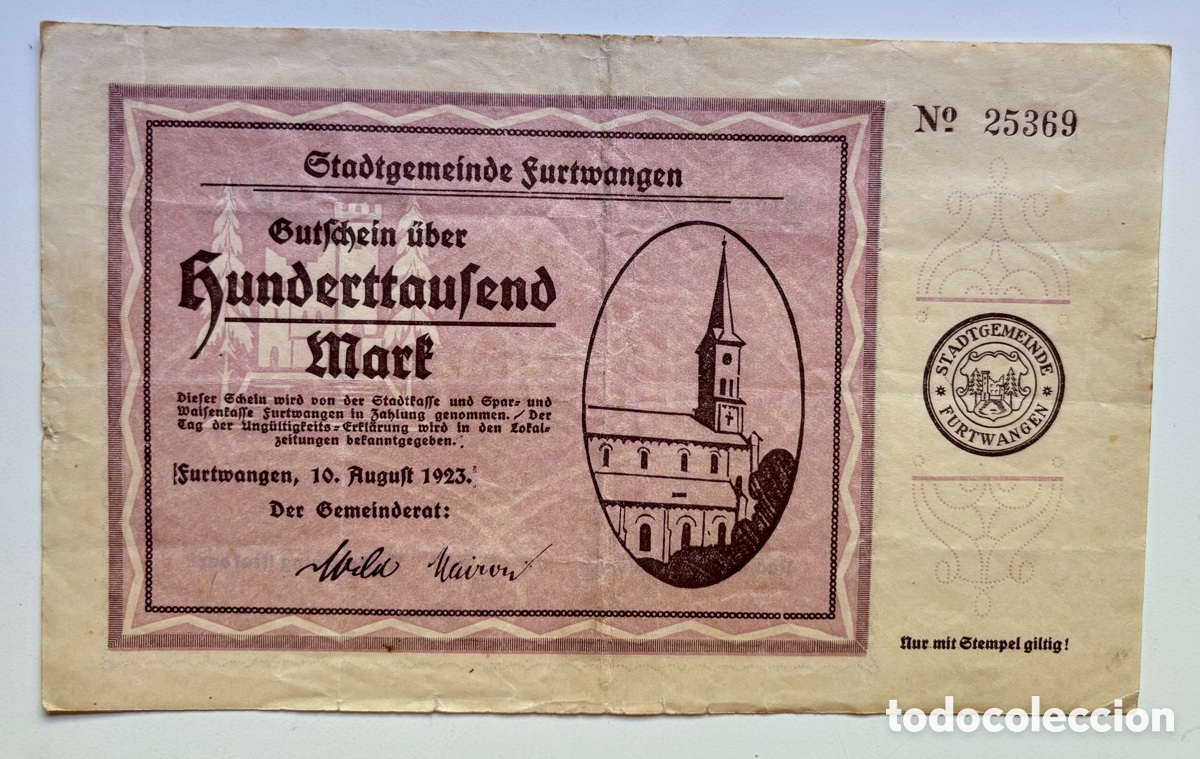 Notas Internacionais: Billete ALEMANIA 100000 Marcos 1923 Furtwangen. Mark