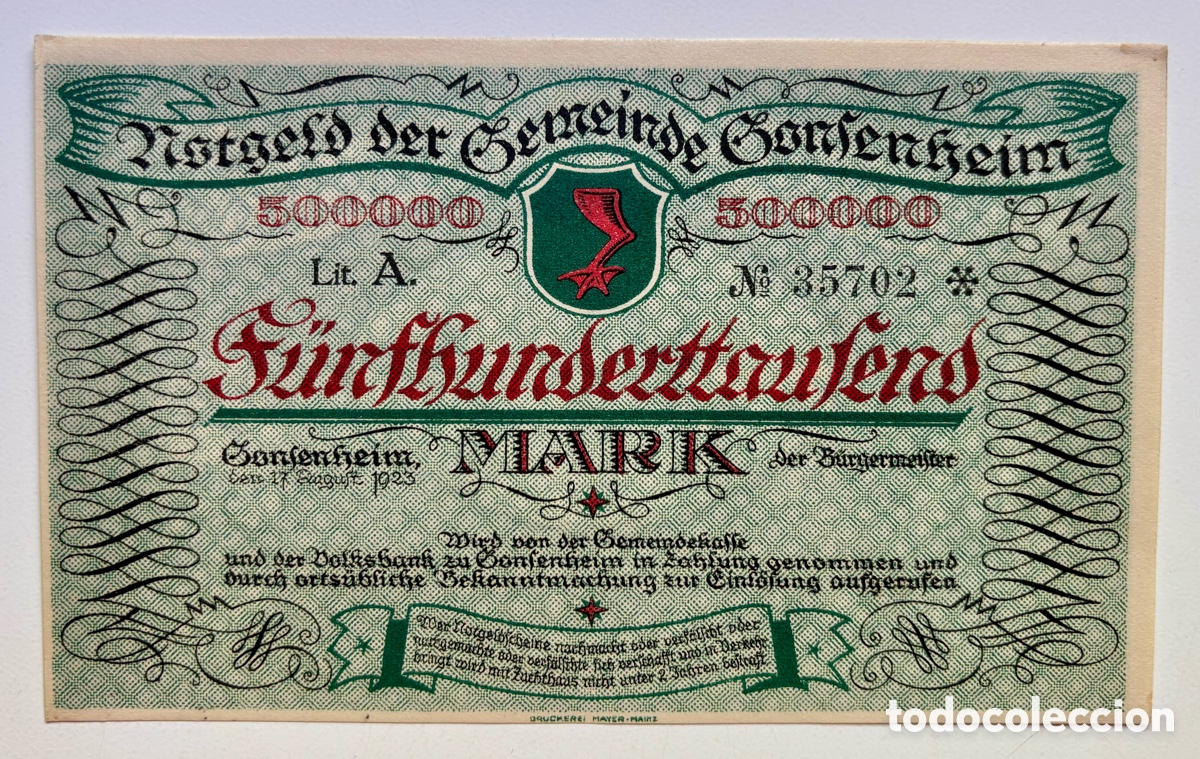 Banconote internazionali: Billete ALEMANIA 500000 Marcos 1923 SC- Gonfenheim. Mark
