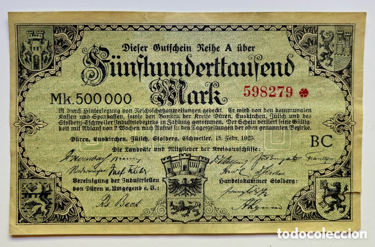 Banconote internazionali: Billete ALEMANIA 500000 Marcos 1923. Duren Euskirchen Julich Stolberg Eschweiler. Mark