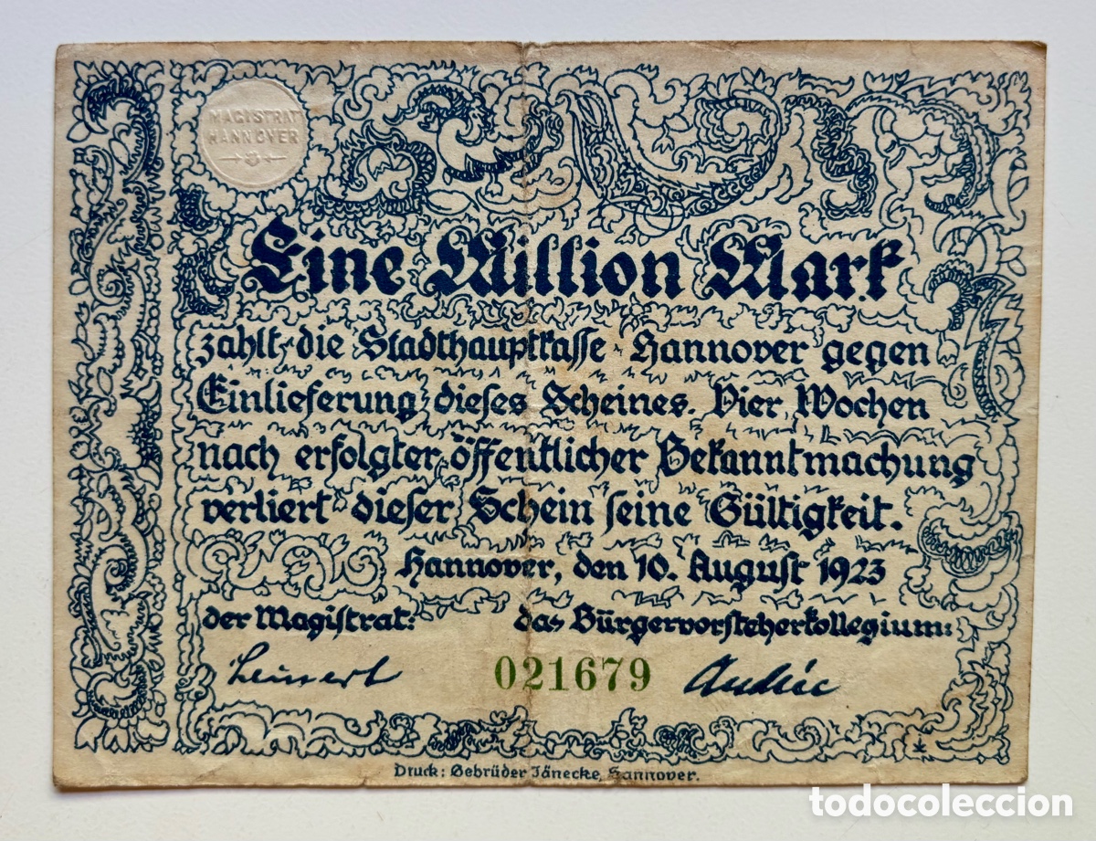 Internationale Banknoten: Billete ALEMANIA 1000000 Marcos 1923 . 1 mill&oacute;n. Hannover Mark