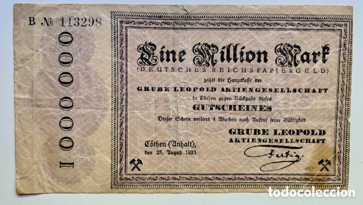 Billetes extranjeros: Billete ALEMANIA 1000000 Marcos 1923. Grube Leopold . 1 Mill&oacute;n. Mark