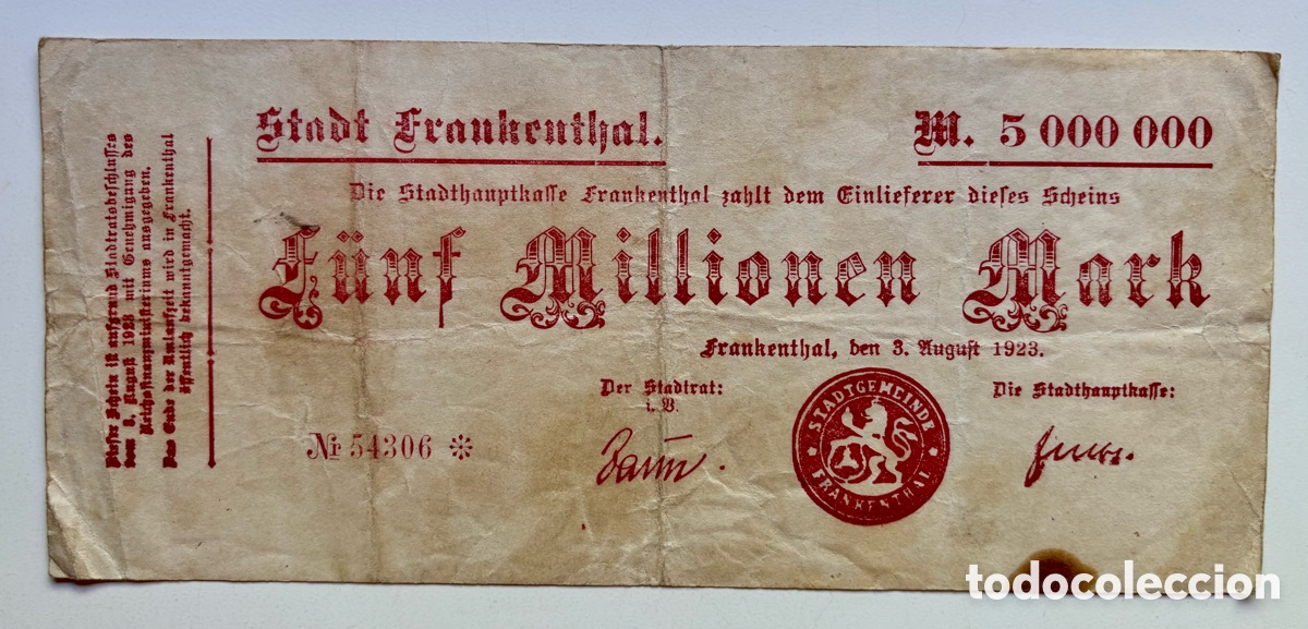 Notas Internacionais: Billete ALEMANIA 5000000 Marcos 1923. Frankenthal. 5 millones. Mark