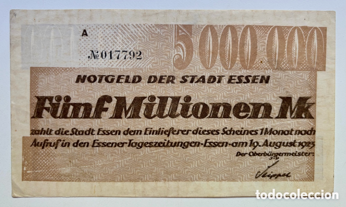 Banconote internazionali: Billete ALEMANIA 5000000 Marcos 1923 Essen. Mark