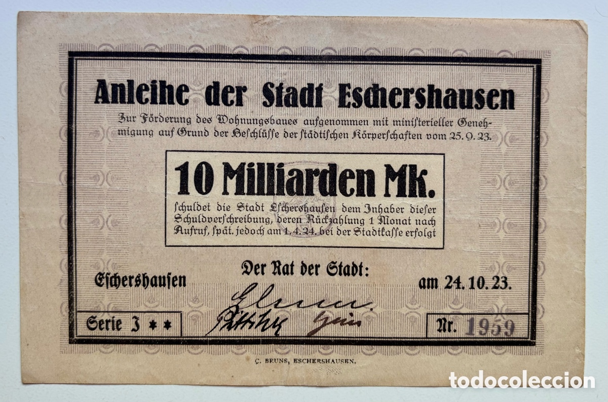 Billetes extranjeros: Billete ALEMANIA 10000 Millones Marcos 1923 Eschershausen. Mark 10000000000