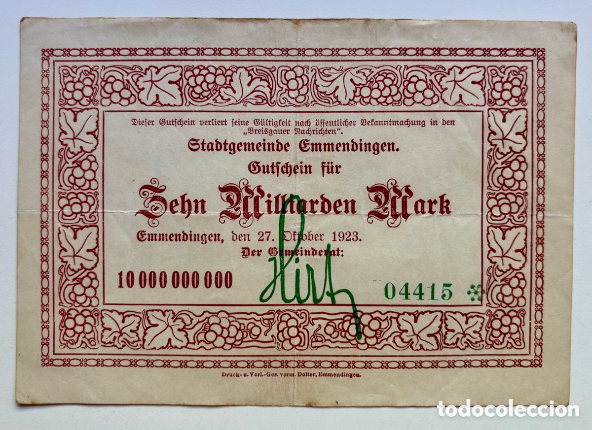 Banconote internazionali: Billete ALEMANIA 10000 Millones Marcos 1923 . Emmendingen. Mark 10000000000