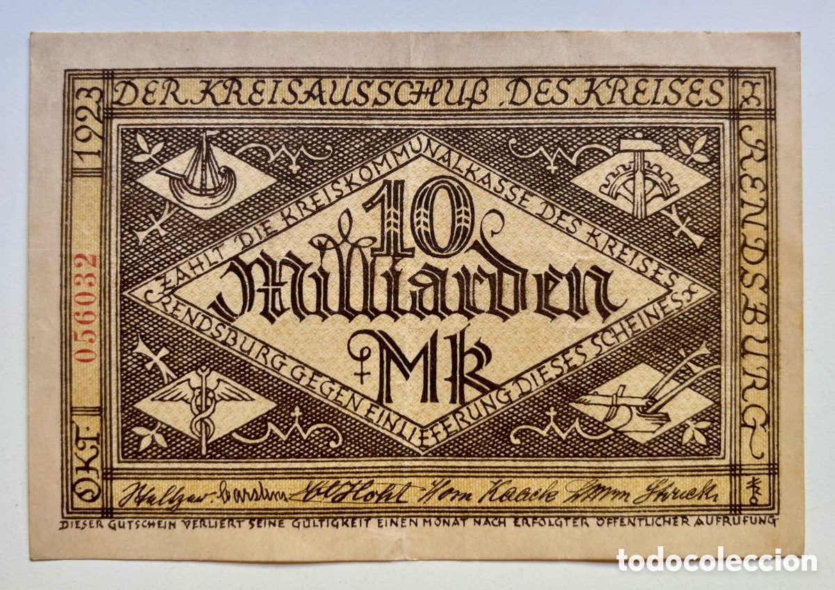 Billets internationaux: Billete ALEMANIA 10000 Millones Marcos 1923 . Rendsburg. Mark
