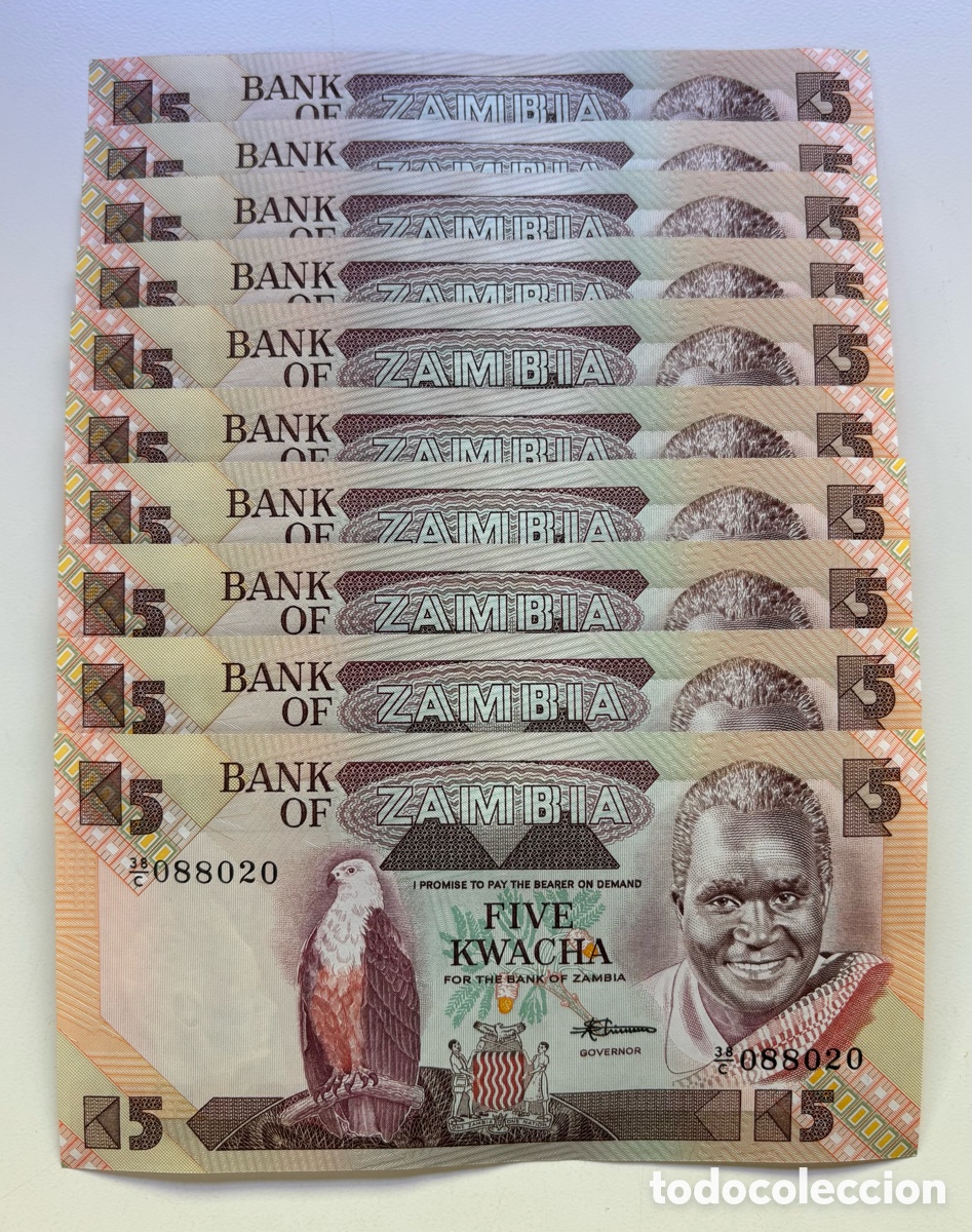 Notas Internacionais: Lote x 10 Billetes ZAMBIA 5 Kwacha (1980-1988) SC