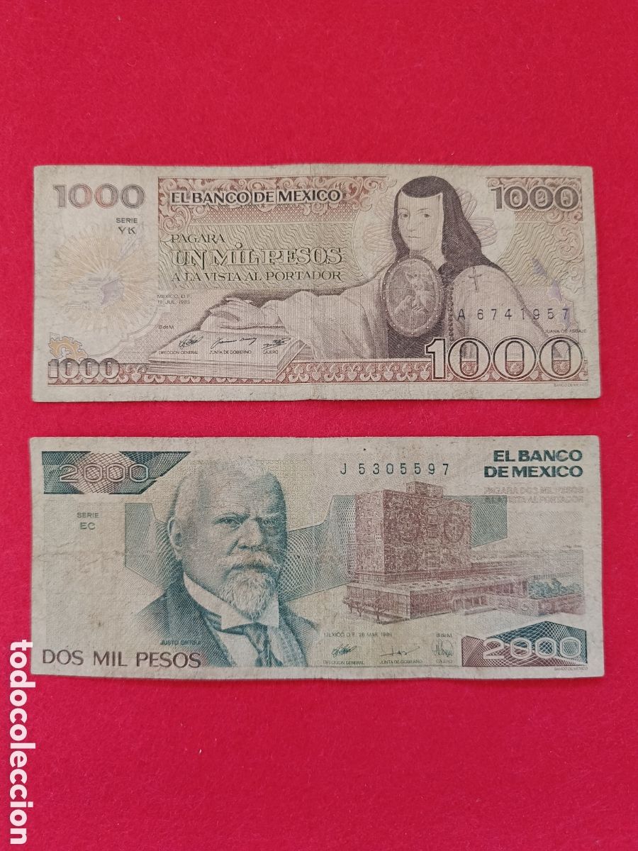 Billetes extranjeros: 2 billetes de 1000 y 2000 pesos M&eacute;xico. Circulado - Foto 1