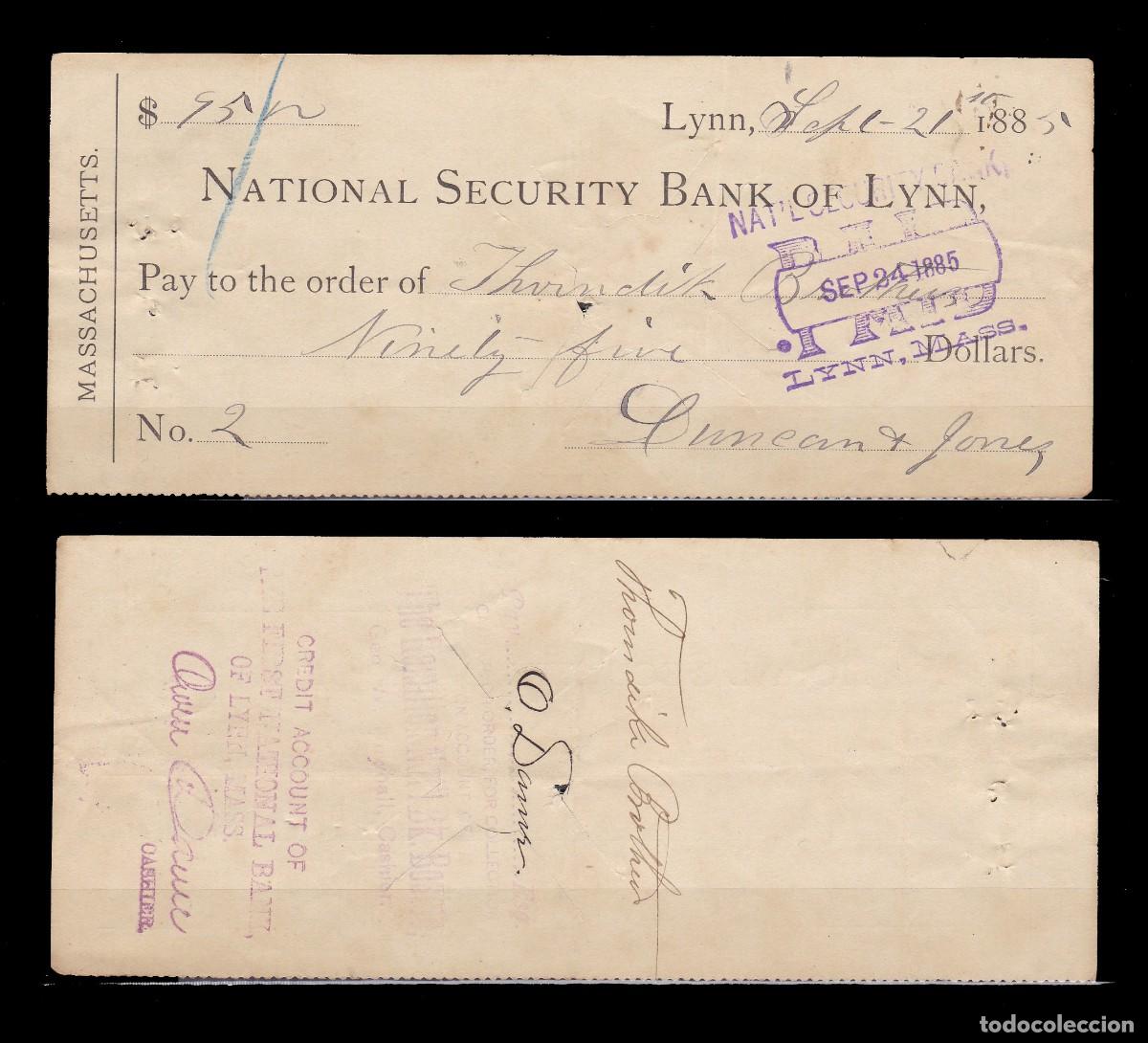 Billetes extranjeros: ESTADOS UNIDOS - CHEQUE DE 1885 - Foto 1