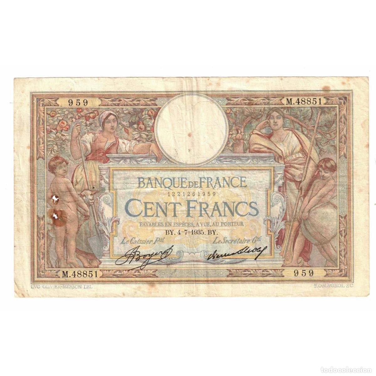 International Banknotes: [#330713] Francia, 100 Francs, Luc Olivier Merson, 1935, M.48851, BC, Fayette:24.14