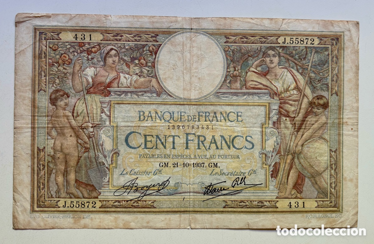 Notas Internacionais: Billete FRANCIA 100 Francos 1937. Francs