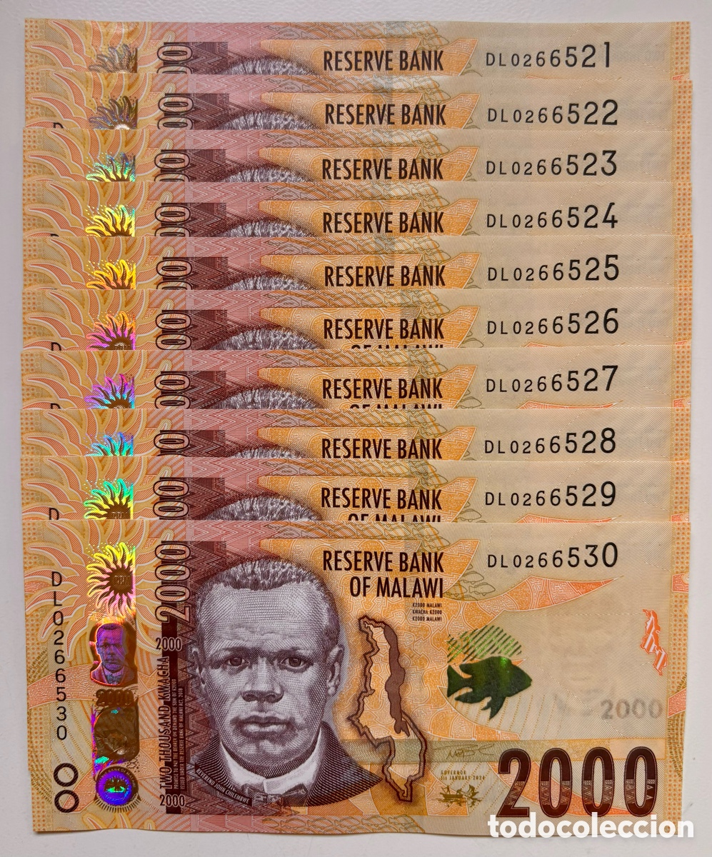 Banconote internazionali: Lote x 10 Billetes MALAWI 2000 Kwacha 2024 SC Pick 70c