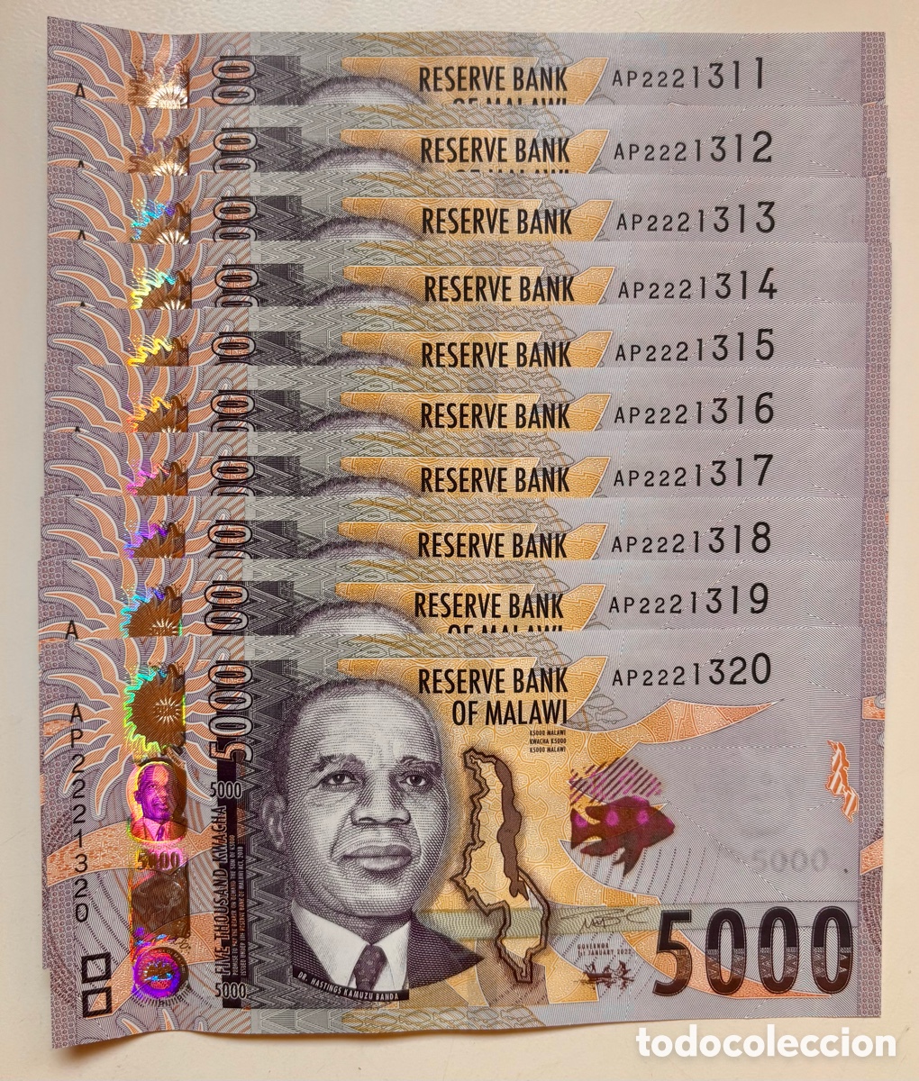 Banconote internazionali: Lote x 10 Billetes MALAWI 5000 Kwacha 2022 SC. Pick 71b