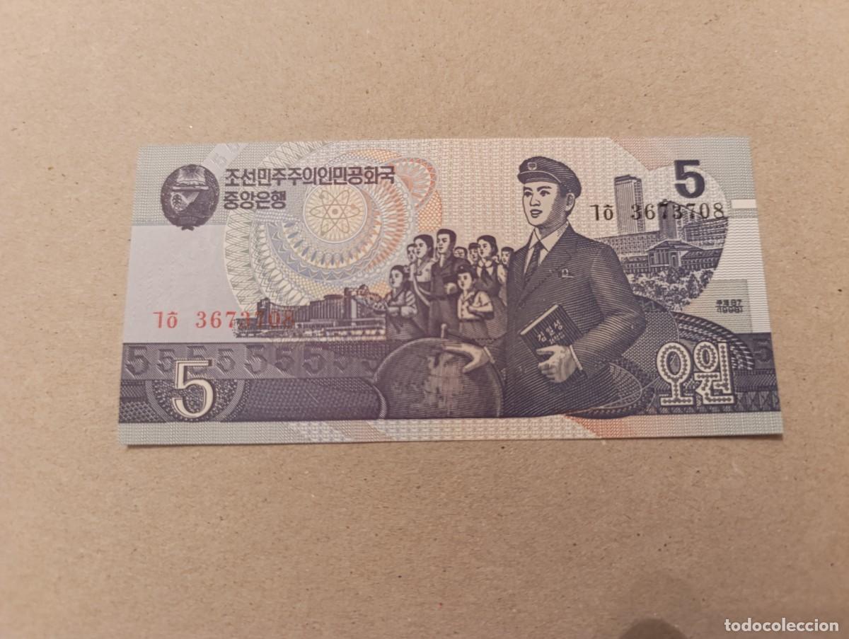 Billetes extranjeros: Billete Corea del norte, 5 won, a&ntilde;o 1998, UNC - Foto 1
