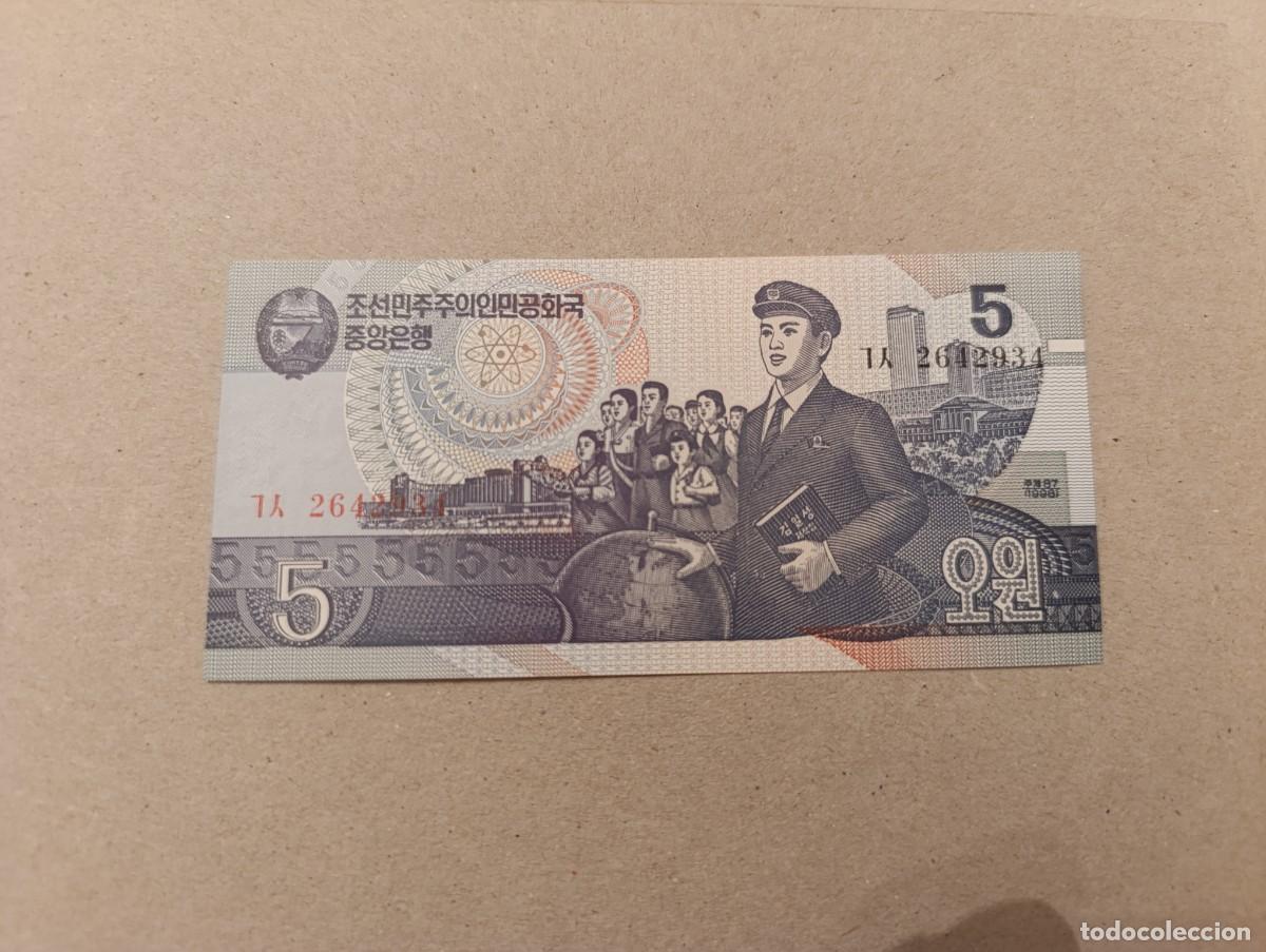 Billetes extranjeros: Billete Corea del norte, 5 won, a&ntilde;o 1998, UNC - Foto 2