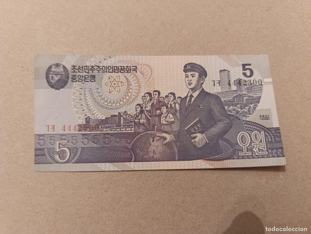 Billetes extranjeros: Billete Corea del norte, 5 won, a&ntilde;o 1998, UNC - Foto 1