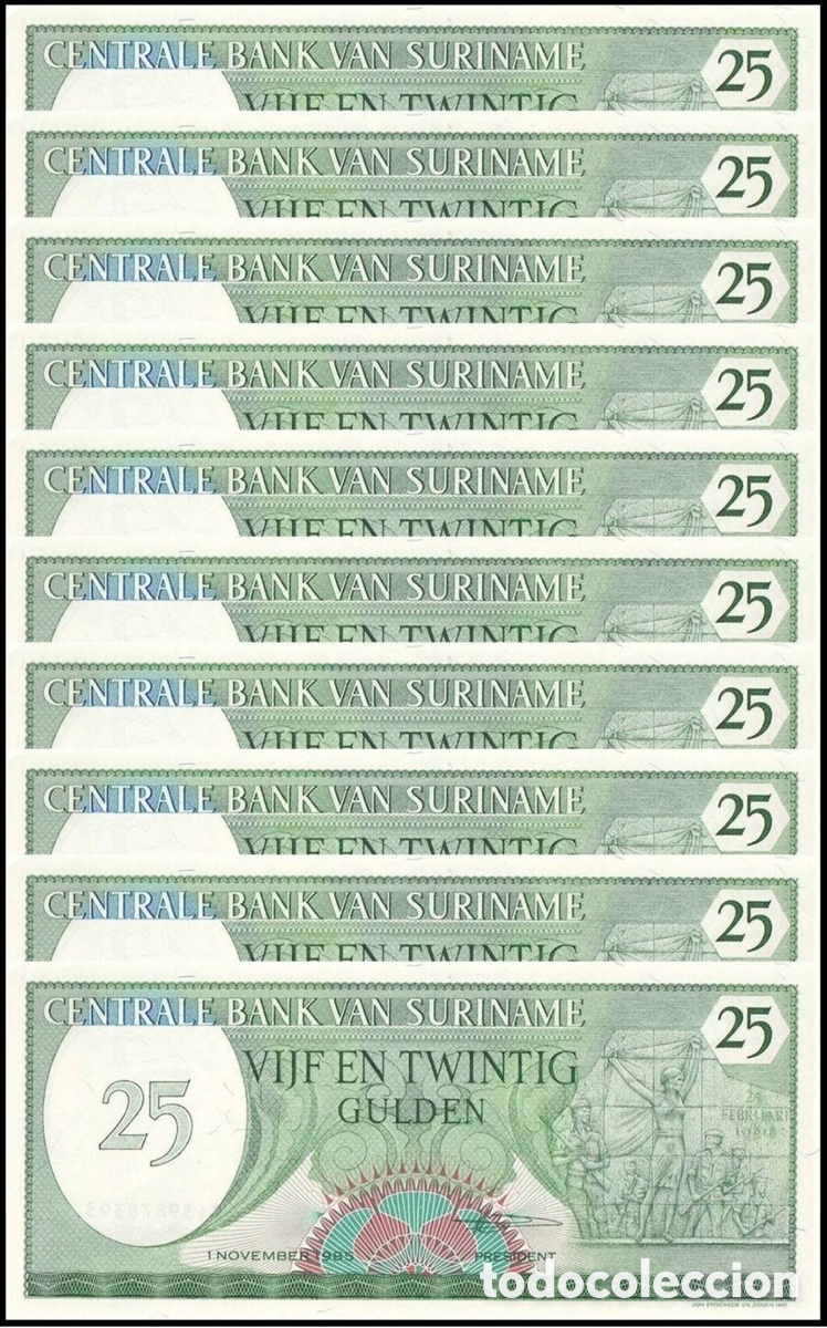 Billetes extranjeros: Lote x 10 Billetes SURINAME 25 Gulden 1985 SC