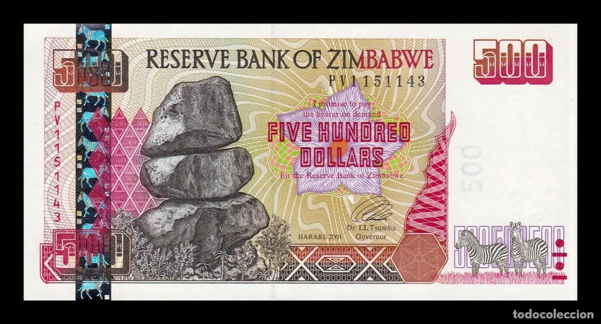 Billetes extranjeros: Zimbabwe 500 D&oacute;lares 2001 Pick 10 Sc Unc - Foto 1