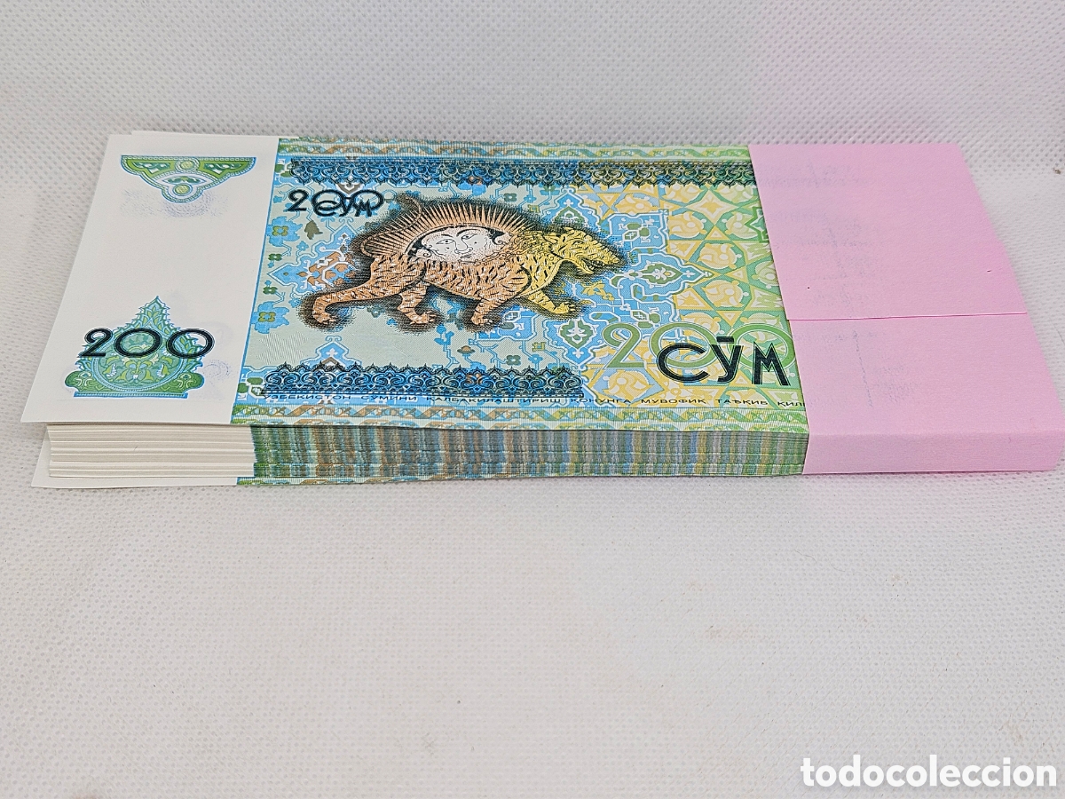 Billets internationaux: Lote de 100 billetes de 200 sum &ndash; Uzbekist&aacute;n 1997 &ndash; Ref. 523 Paquete completo de 100 billetes de 200